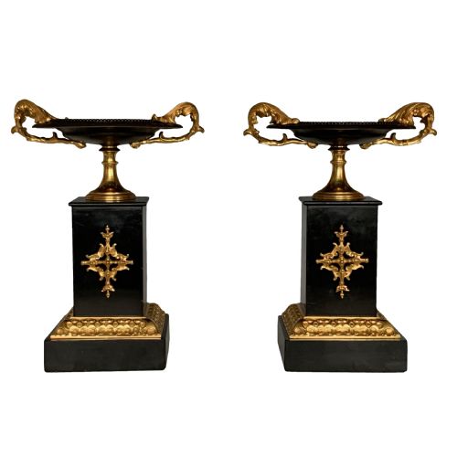 antique pair of french bronze marble tazzas - CATEGORY: ANTIQUE MISCELLANEOUS - DATED 1860