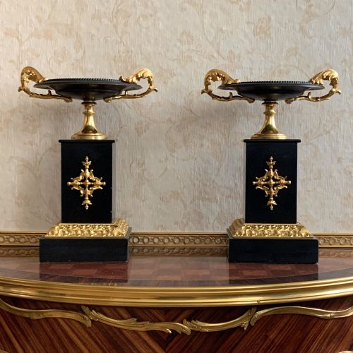 ANTIQUE PAIR OF FRENCH BRONZE MARBLE TAZZAS - ADDITIONAL PHOTO 4