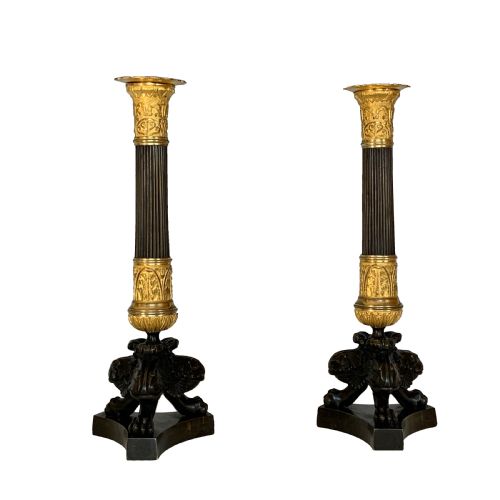 charles x french ormolu patinated bronze candlesticks - CATEGORY: ANTIQUE LIGHTING - DATED 19TH CENTURY