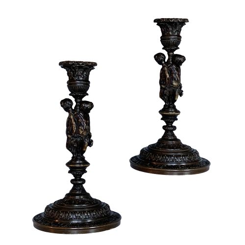 19th century french pair of bronze candlesticks by henri picard - CATEGORY: ANTIQUE LIGHTING - DATED 1870