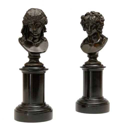 antique french grand tour pair bronze busts apollo bacchus - CATEGORY: ANTIQUE SCULPTURES - DATED 1880