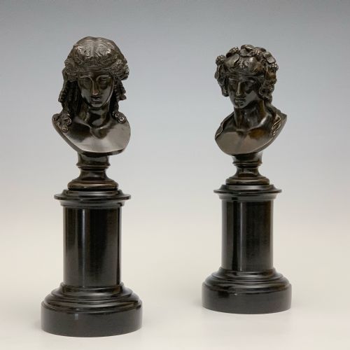 ANTIQUE FRENCH GRAND TOUR PAIR BRONZE BUSTS APOLLO BACCHUS - ADDITIONAL PHOTO 1