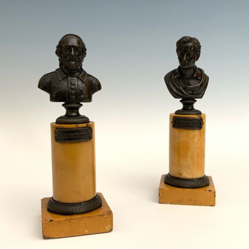 ANTIQUE GRAND TOUR PAIR OF BRONZE BUSTS BYRON SHAKESPEARE - ADDITIONAL PHOTO 1