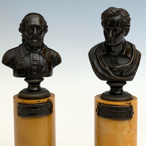 ANTIQUE GRAND TOUR PAIR OF BRONZE BUSTS BYRON SHAKESPEARE - ADDITIONAL PHOTO 2