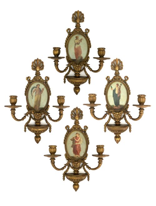 four edwardian giltwood wall sconces with oil on copper painted panels - CATEGORY: ANTIQUE LIGHTING - DATED EDWARDIAN