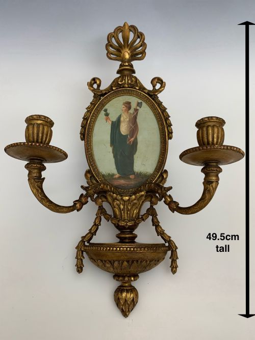 FOUR EDWARDIAN GILTWOOD WALL SCONCES WITH OIL ON COPPER PAINTED PANELS - ADDITIONAL PHOTO 1
