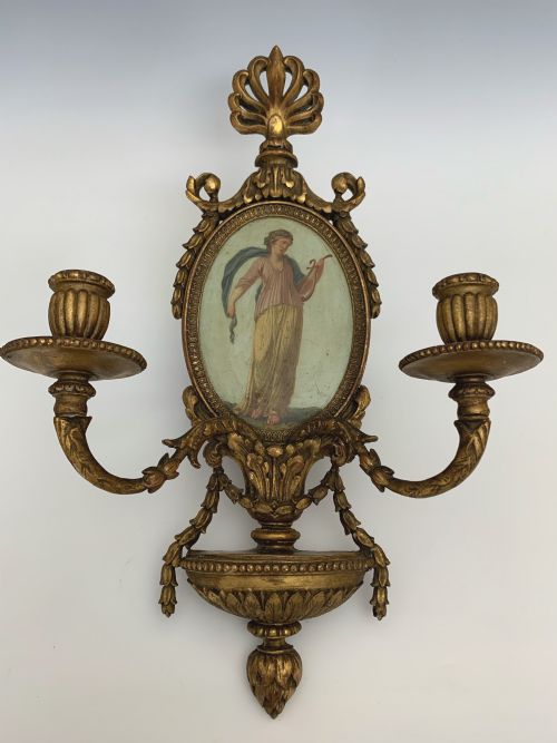 FOUR EDWARDIAN GILTWOOD WALL SCONCES WITH OIL ON COPPER PAINTED PANELS - ADDITIONAL PHOTO 2
