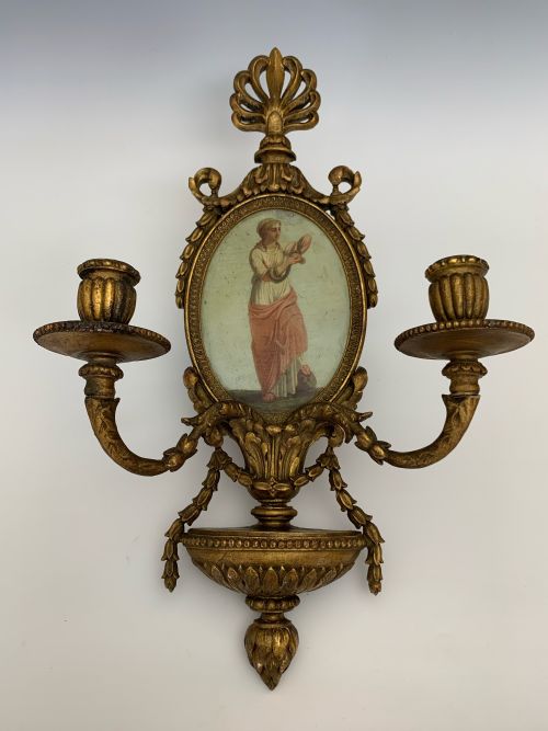 FOUR EDWARDIAN GILTWOOD WALL SCONCES WITH OIL ON COPPER PAINTED PANELS - ADDITIONAL PHOTO 3