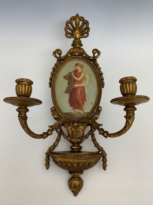 FOUR EDWARDIAN GILTWOOD WALL SCONCES WITH OIL ON COPPER PAINTED PANELS - ADDITIONAL PHOTO 4