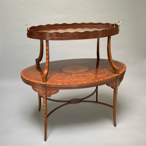 ANTIQUE MAHOGANY MARQUETRY VICTORIAN ETAGERE TEA TABLE - ADDITIONAL PHOTO 1