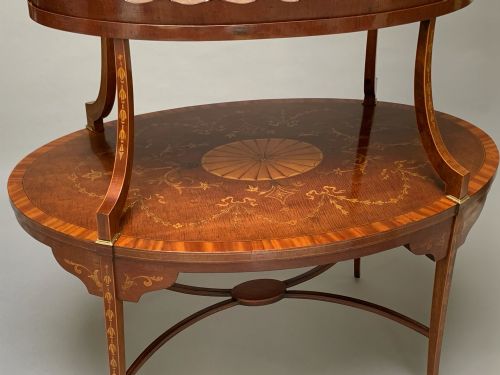 ANTIQUE MAHOGANY MARQUETRY VICTORIAN ETAGERE TEA TABLE - ADDITIONAL PHOTO 2