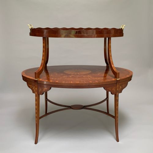 ANTIQUE MAHOGANY MARQUETRY VICTORIAN ETAGERE TEA TABLE - ADDITIONAL PHOTO 3