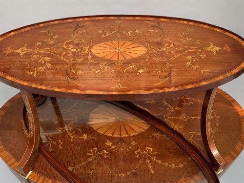 ANTIQUE MAHOGANY MARQUETRY VICTORIAN ETAGERE TEA TABLE - ADDITIONAL PHOTO 4