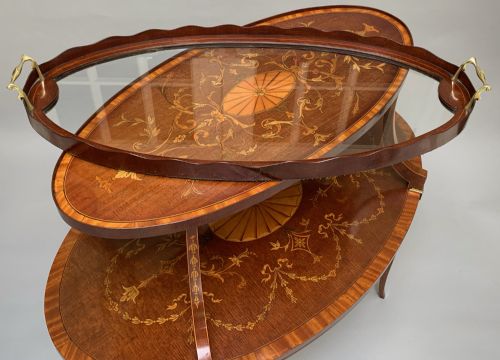 ANTIQUE MAHOGANY MARQUETRY VICTORIAN ETAGERE TEA TABLE - ADDITIONAL PHOTO 5