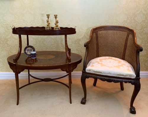 ANTIQUE MAHOGANY MARQUETRY VICTORIAN ETAGERE TEA TABLE - ADDITIONAL PHOTO 7