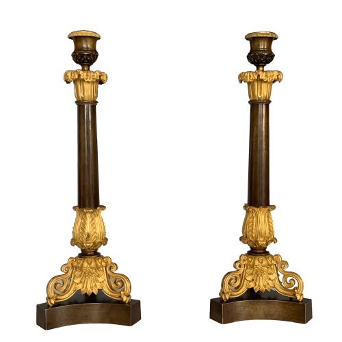 antique pair of french charles x patinated gilt bronze candlesticks - CATEGORY: ANTIQUE LIGHTING - DATED 19TH CENTURY