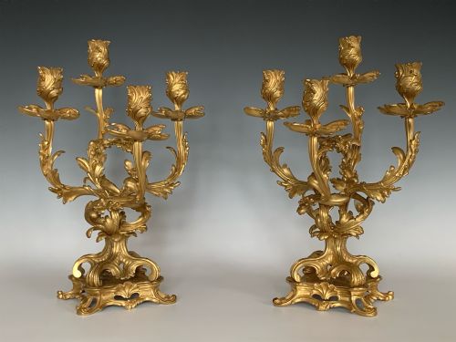 ANTIQUE PAIR OF FRENCH LOUIS XV STYLE ORMOLU CANDELABRA - ADDITIONAL PHOTO 1