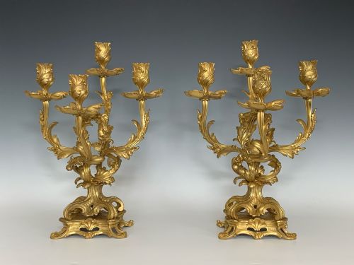 ANTIQUE PAIR OF FRENCH LOUIS XV STYLE ORMOLU CANDELABRA - ADDITIONAL PHOTO 2
