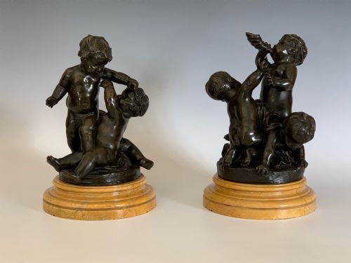 ANTIQUE PAIR OF FRENCH BRONZES CHERUBS FROLICKING - ADDITIONAL PHOTO 1