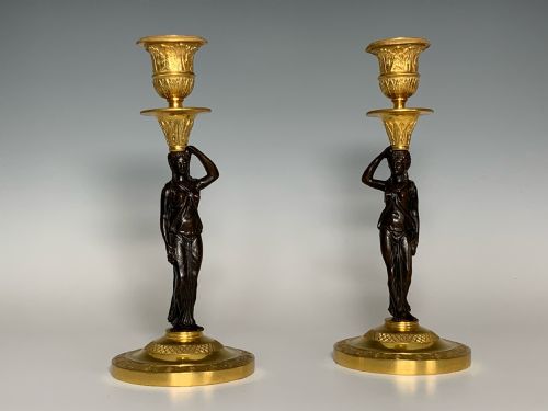 french empire period ormolu bronze candlesticks - CATEGORY: ANTIQUE LIGHTING - DATED 19TH CENTURY