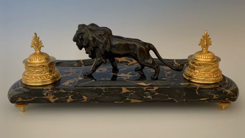 FRENCH ORMOLU MARBLE PATINATED BRONZE INK WELL ENCRIER - ADDITIONAL PHOTO 5
