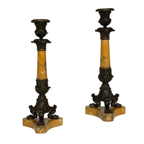 pair of charles x sienna marble bronze candlesticks - CATEGORY: ANTIQUE LIGHTING - DATED 19TH CENTURY