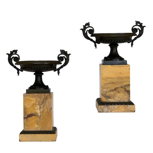 antique pair of french bronze marble tazzas - CATEGORY: ANTIQUE METAL - DATED 19TH CENTURY