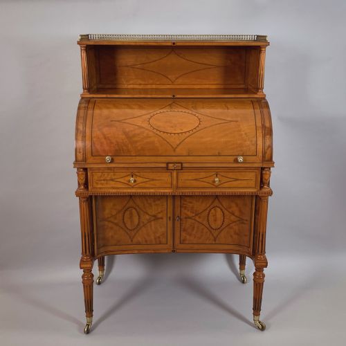 VICTORIAN SATINWOOD SHERATON STYLE CYLINDER BUREAU HENRY SAMUEL - ADDITIONAL PHOTO 2