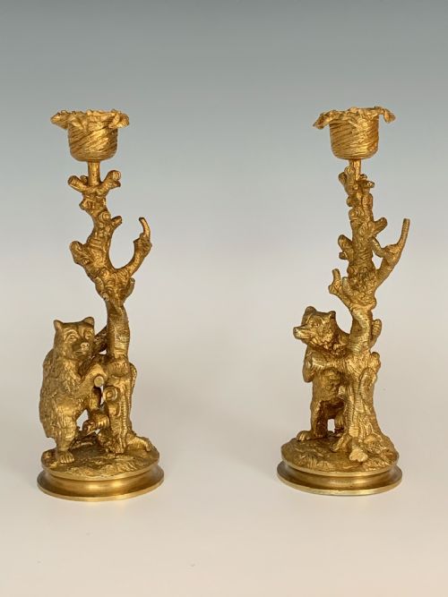 pair of 19th century continental ormolu bear candlesticks - CATEGORY: ANTIQUE LIGHTING - DATED 1880