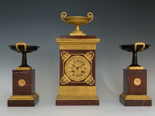 ANTIQUE CHARLES X ORMOLU MARBLE CLOCK GARNITURE - ADDITIONAL PHOTO 1