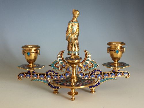 ANTIQUE PAIR OF FRENCH GILT BRONZE CHAMPLEVE CANDLESTICKS - ADDITIONAL PHOTO 1