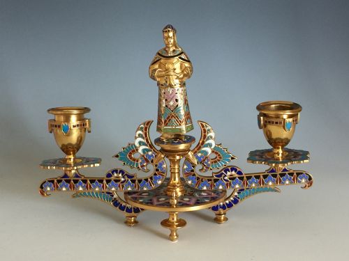 ANTIQUE PAIR OF FRENCH GILT BRONZE CHAMPLEVE CANDLESTICKS - ADDITIONAL PHOTO 2