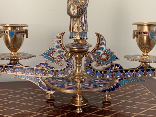 ANTIQUE PAIR OF FRENCH GILT BRONZE CHAMPLEVE CANDLESTICKS - ADDITIONAL PHOTO 5