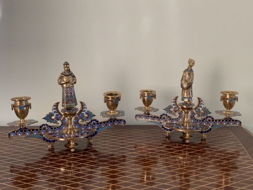 ANTIQUE PAIR OF FRENCH GILT BRONZE CHAMPLEVE CANDLESTICKS - ADDITIONAL PHOTO 6
