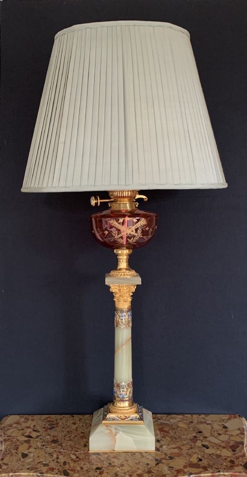 fine quality french champleve ormolu onyx table lamp - CATEGORY: ANTIQUE LIGHTING - DATED 1880