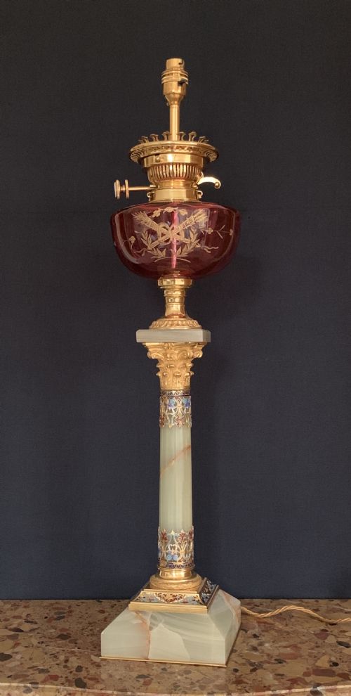 FINE QUALITY FRENCH CHAMPLEVE ORMOLU ONYX TABLE LAMP - ADDITIONAL PHOTO 1