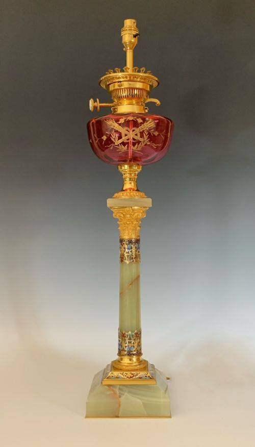 FINE QUALITY FRENCH CHAMPLEVE ORMOLU ONYX TABLE LAMP - ADDITIONAL PHOTO 2