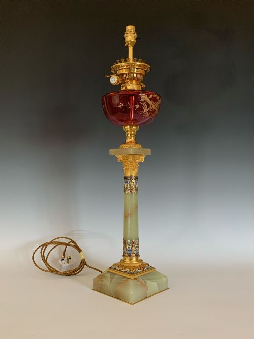 FINE QUALITY FRENCH CHAMPLEVE ORMOLU ONYX TABLE LAMP - ADDITIONAL PHOTO 5