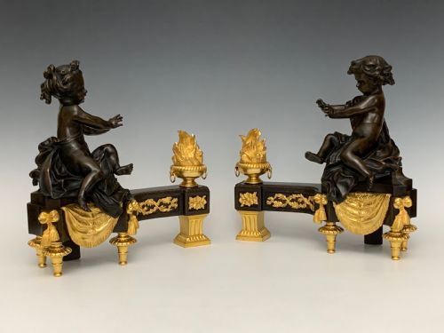 fine french bronze ormolu chenets - CATEGORY: ANTIQUE FIREPLACES - DATED 19TH CENTURY