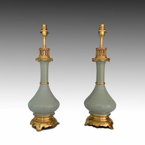 pair of ormolu mounted celadon table lamps - CATEGORY: ANTIQUE LIGHTING - DATED 1890