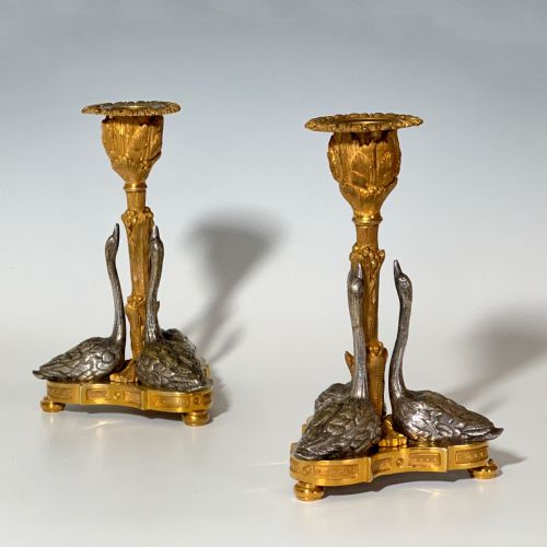 pair of ormolu swan candlesticks after william bateman - CATEGORY: ANTIQUE LIGHTING - DATED 19TH CENTURY