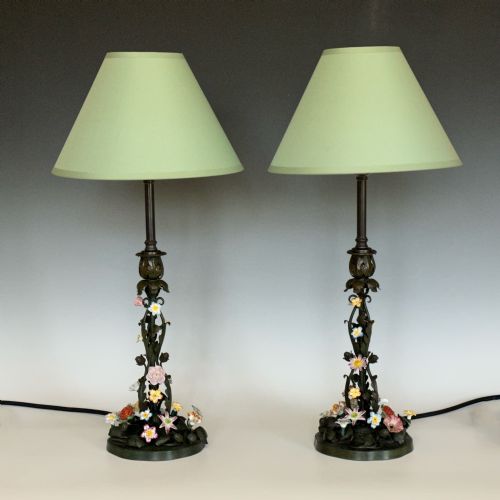 pair of porcelain mounted bronze table lamps - CATEGORY: ANTIQUE LIGHTING - DATED 1910