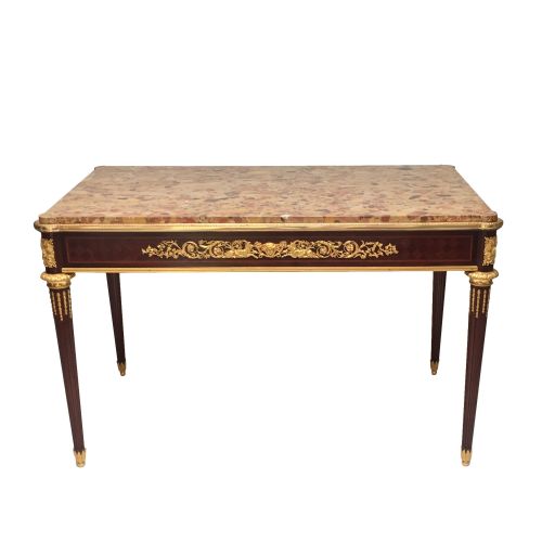 LOUIS XVI STYLE MAHOGANY CENTRE TABLE WITH MARBLE TOP ORMOLU MOUNTS