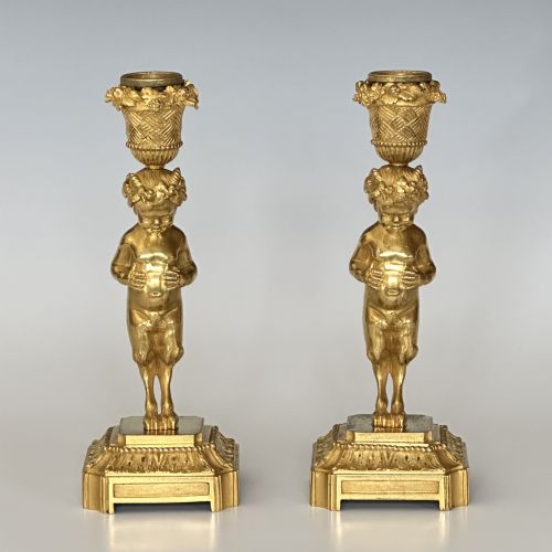 pair of french satyr ormolu candlesticks - CATEGORY: ANTIQUE LIGHTING - DATED 1880