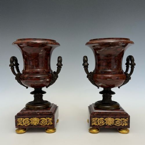 ANTIQUE PAIR OF BRONZE MOUNTED MARBLE URNS - ADDITIONAL PHOTO 1