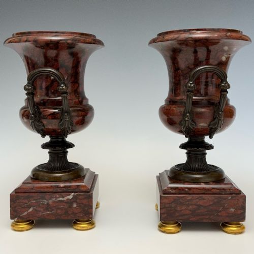 ANTIQUE PAIR OF BRONZE MOUNTED MARBLE URNS - ADDITIONAL PHOTO 2