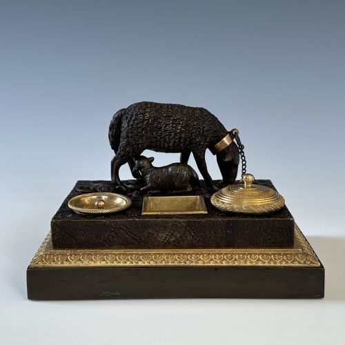 ANTIQUE GEORGE IV BRONZE ORMOLU SHEEP INK STANDISH INKWELL - ADDITIONAL PHOTO 1