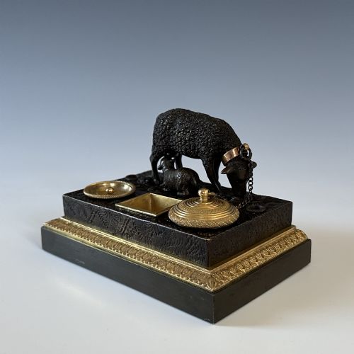 ANTIQUE GEORGE IV BRONZE ORMOLU SHEEP INK STANDISH INKWELL - ADDITIONAL PHOTO 2