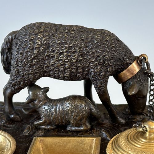 ANTIQUE GEORGE IV BRONZE ORMOLU SHEEP INK STANDISH INKWELL - ADDITIONAL PHOTO 9