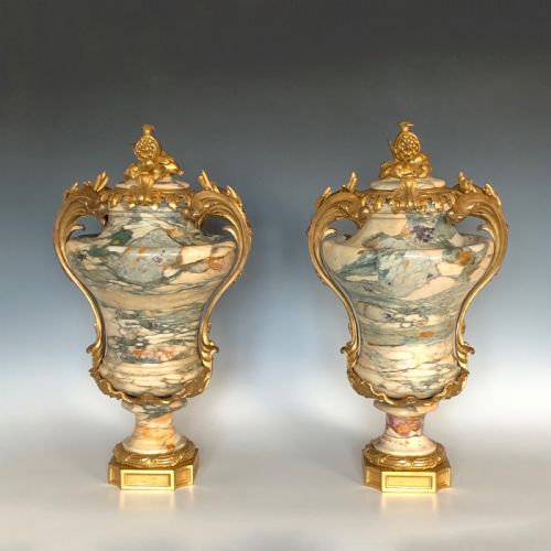 fine pair louis xv style 19th century marble gilt bronze mounted urns - CATEGORY: ANTIQUE MISCELLANEOUS - DATED 1880